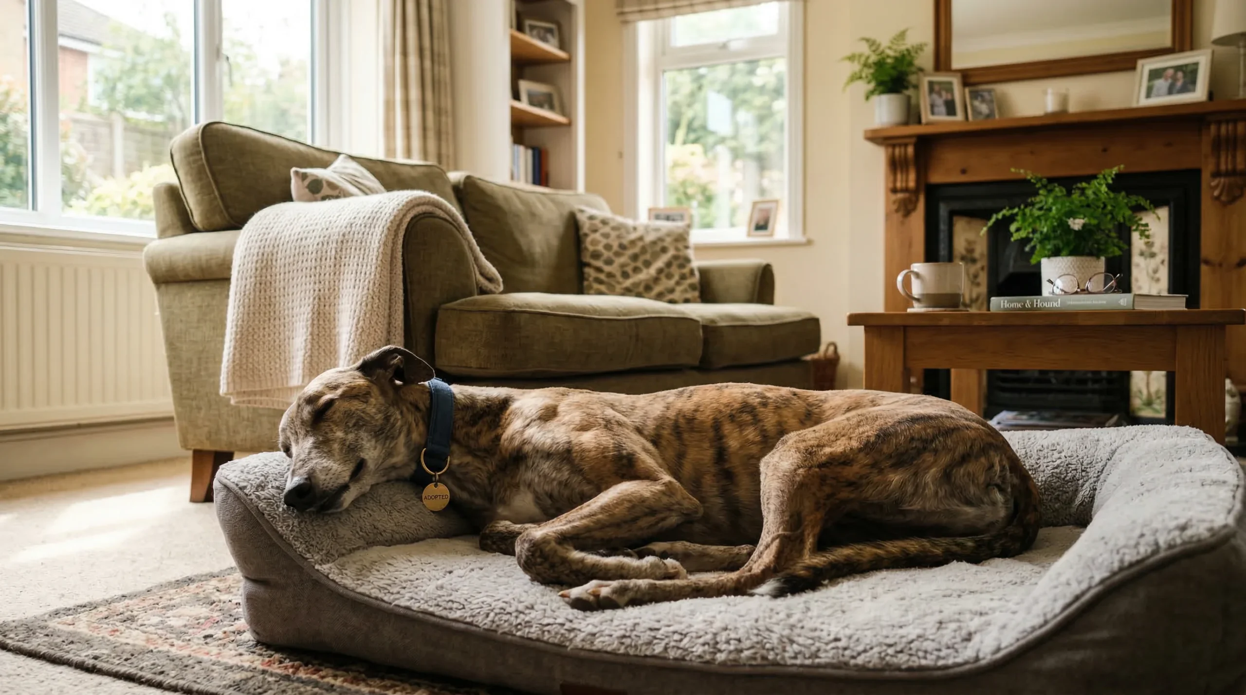 Retired racing greyhound relaxing in new family home