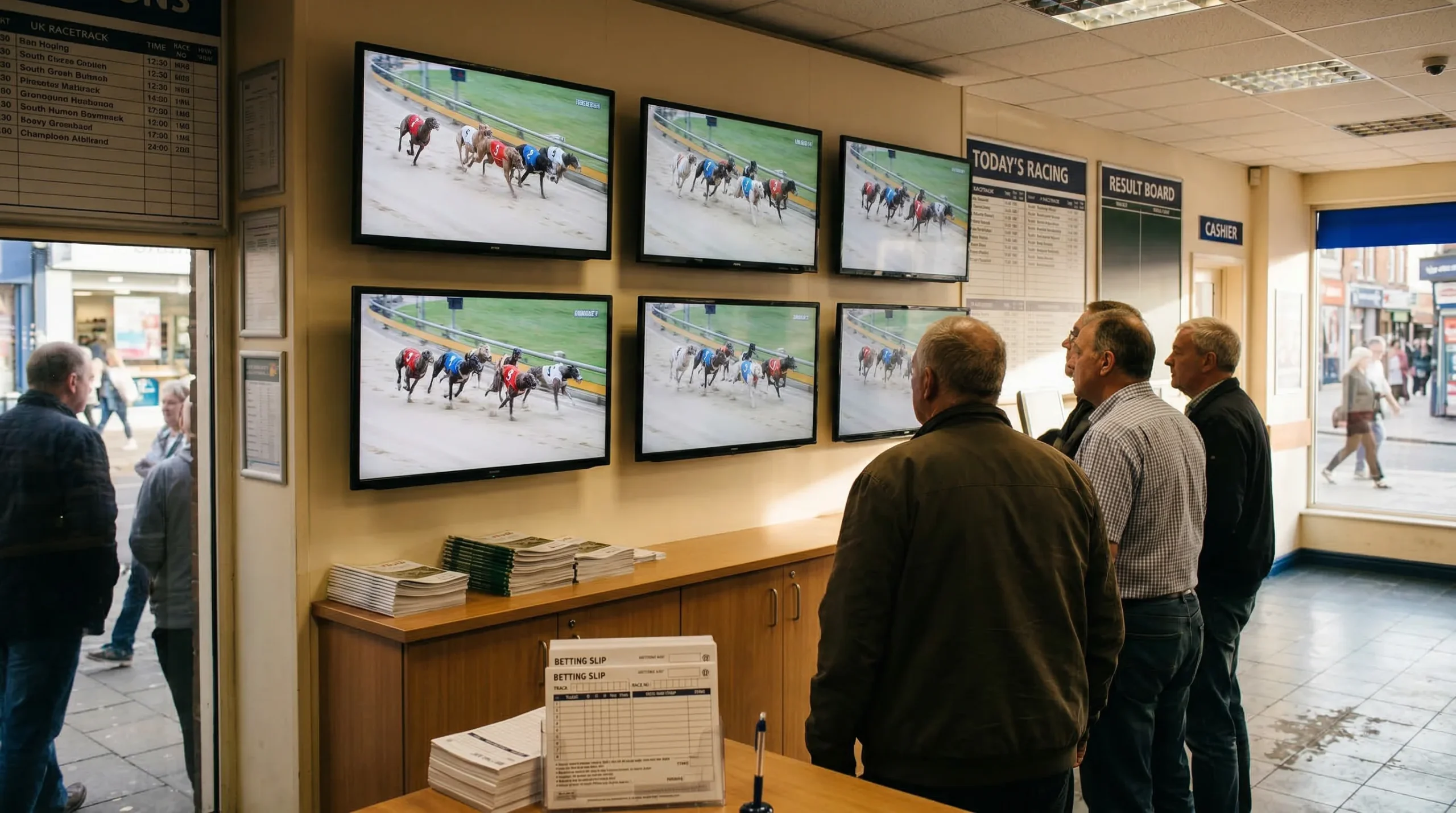 BAGS greyhound racing broadcast on betting shop TV screens during afternoon