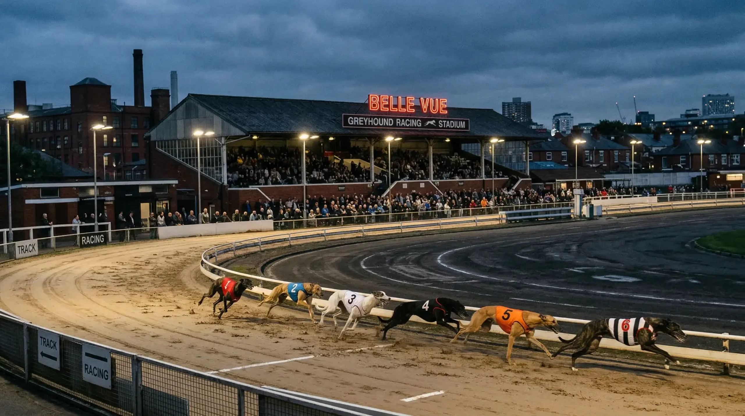 Belle Vue Greyhound Stadium in Manchester with racing action