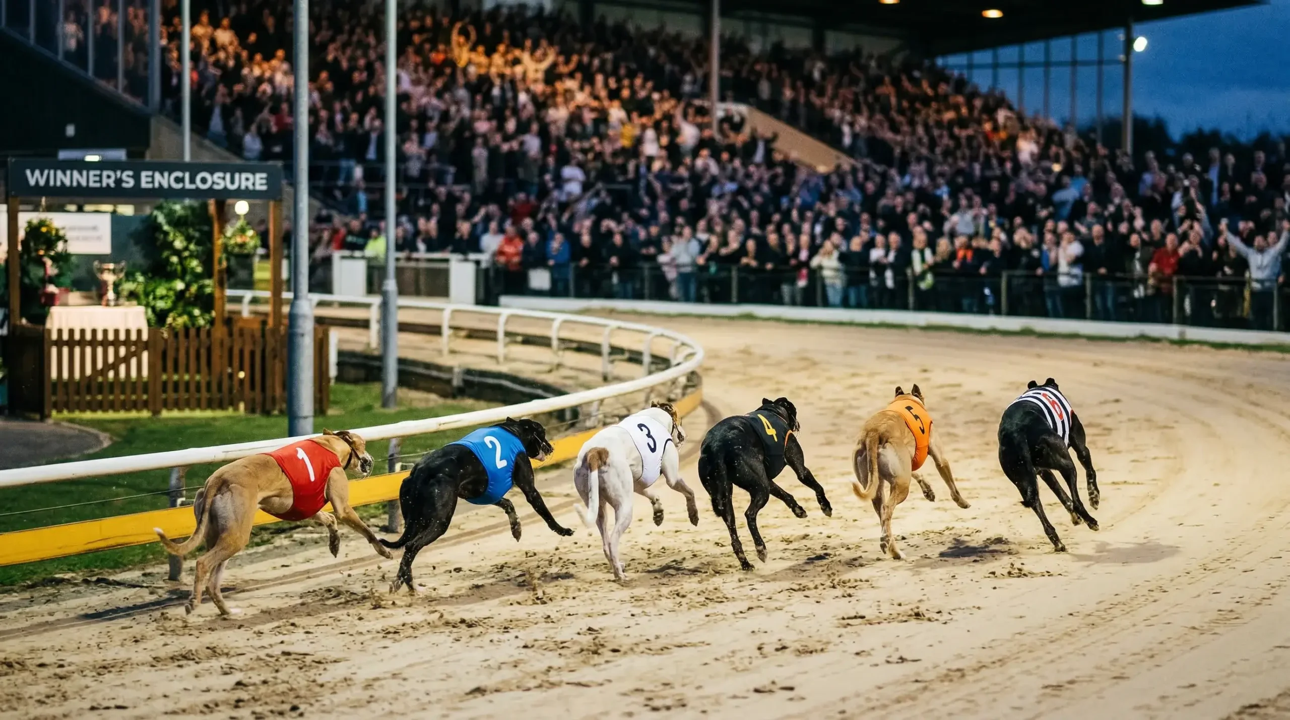 English Greyhound Derby racing action at Towcester Stadium with floodlights