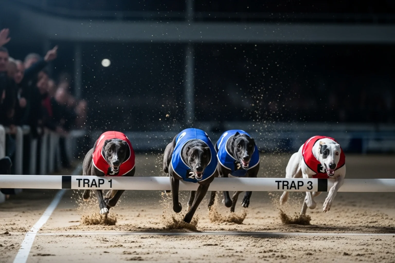 Greyhound race finish showing first and second place crossing line