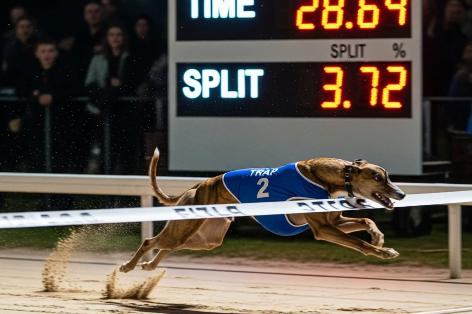 Racing greyhound crossing finish line with timing display showing calculated time