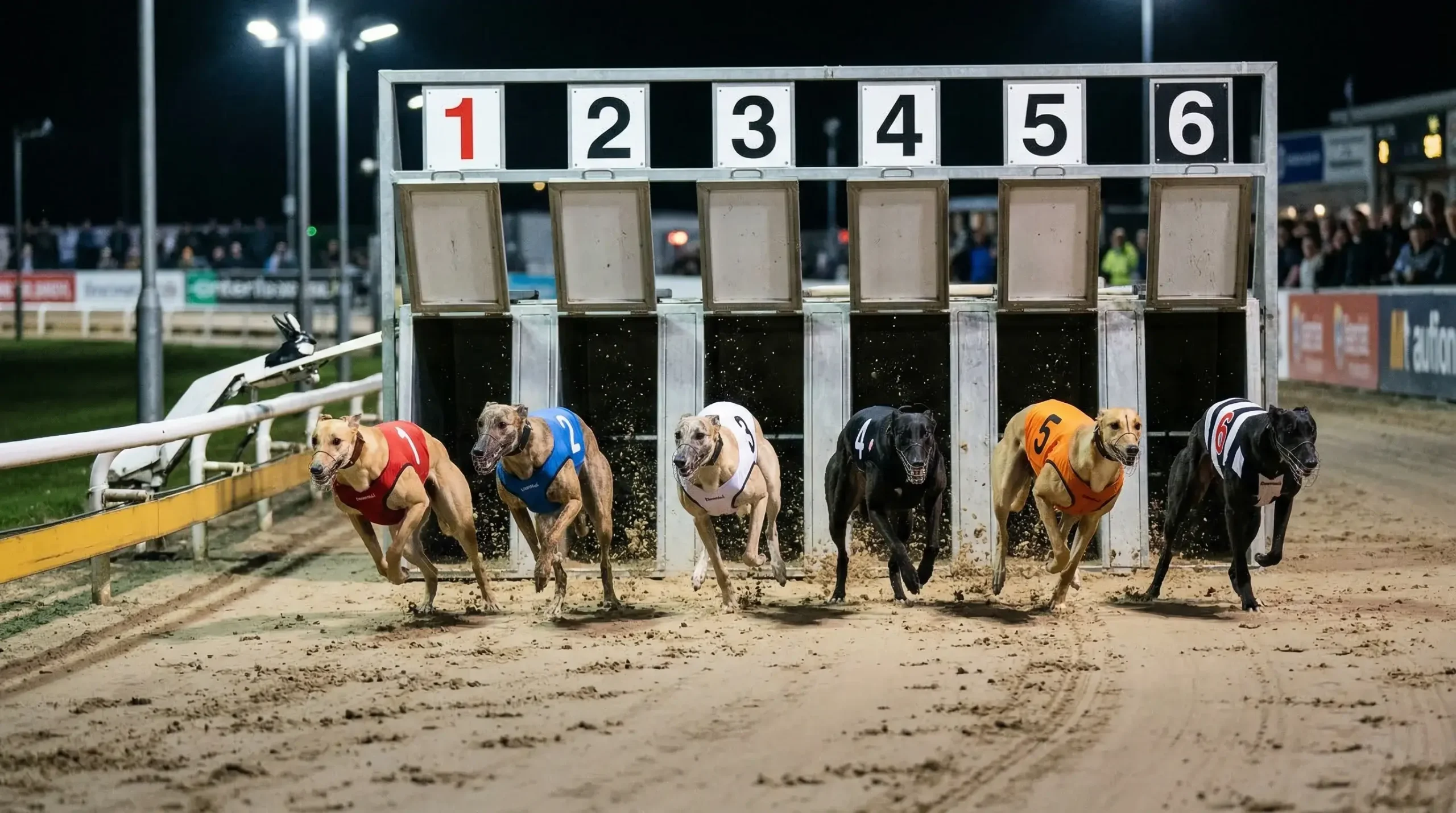 Greyhounds breaking from traps at a UK track