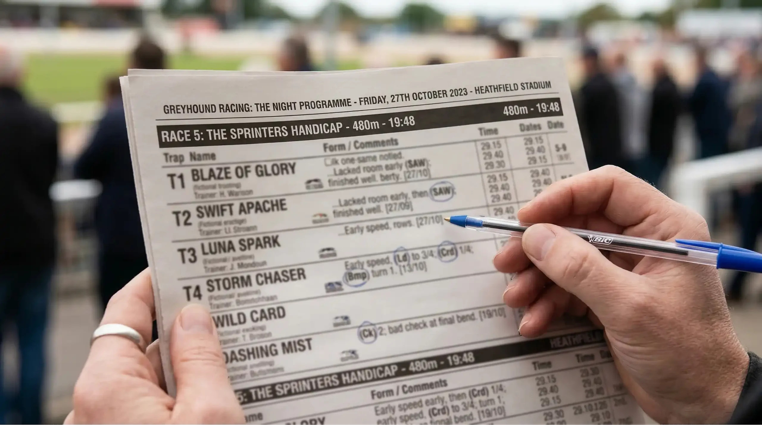 Greyhound racecard with form abbreviations SAW, Ld, Crd, Bmp highlighted