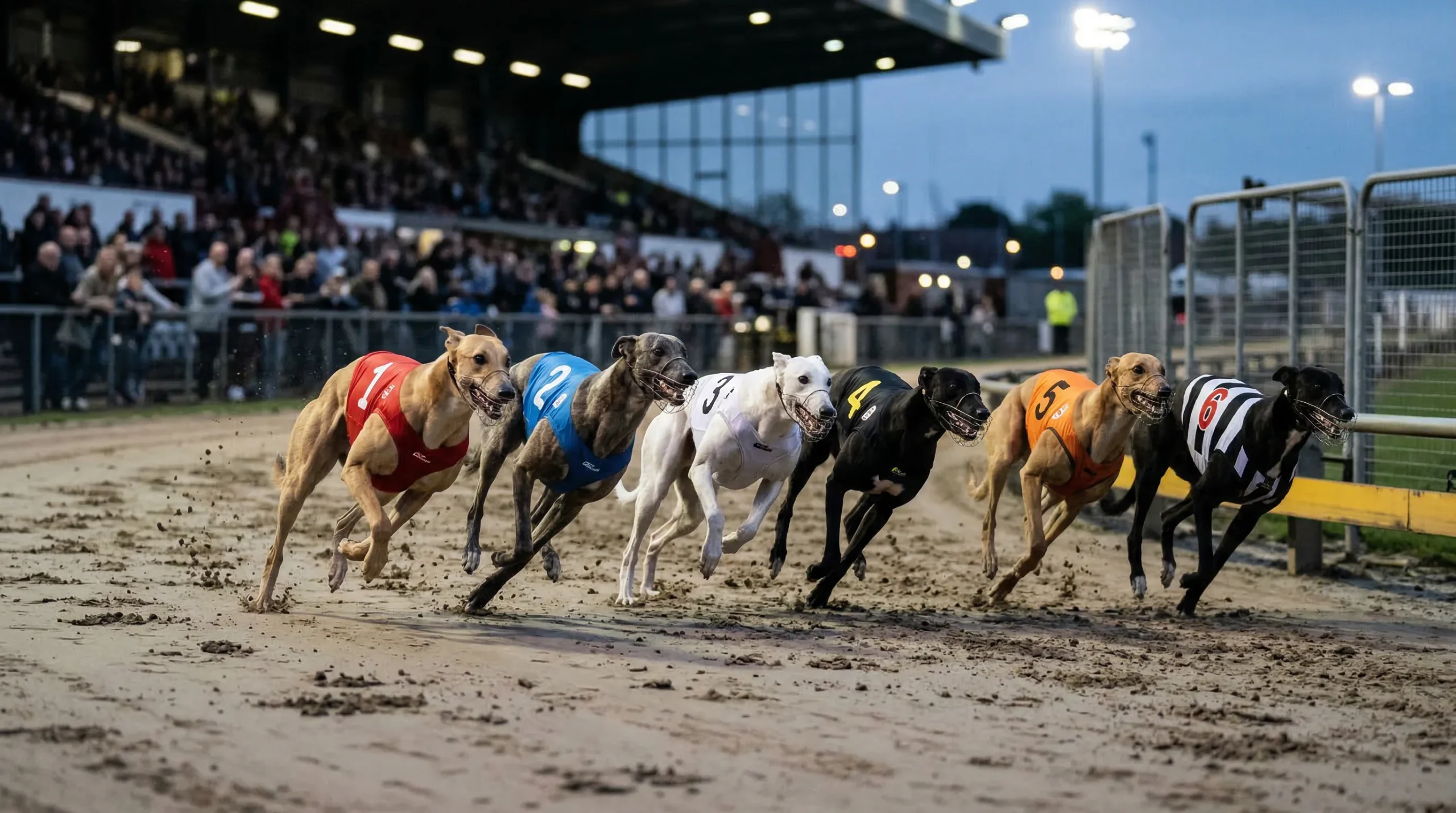 Greyhound open race competition with six dogs racing at UK stadium