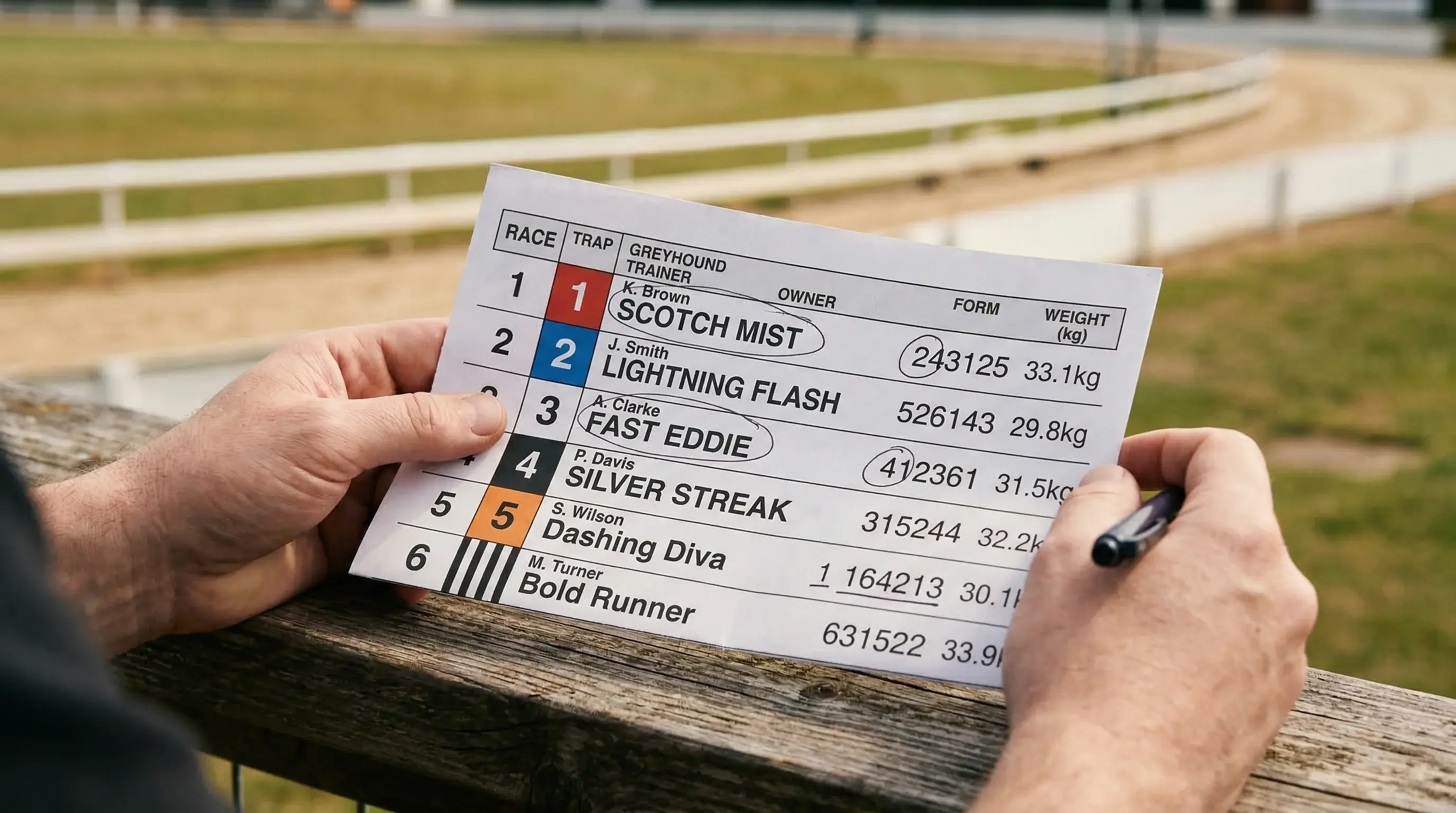 Greyhound racecard showing trap numbers colours form figures and trainer information