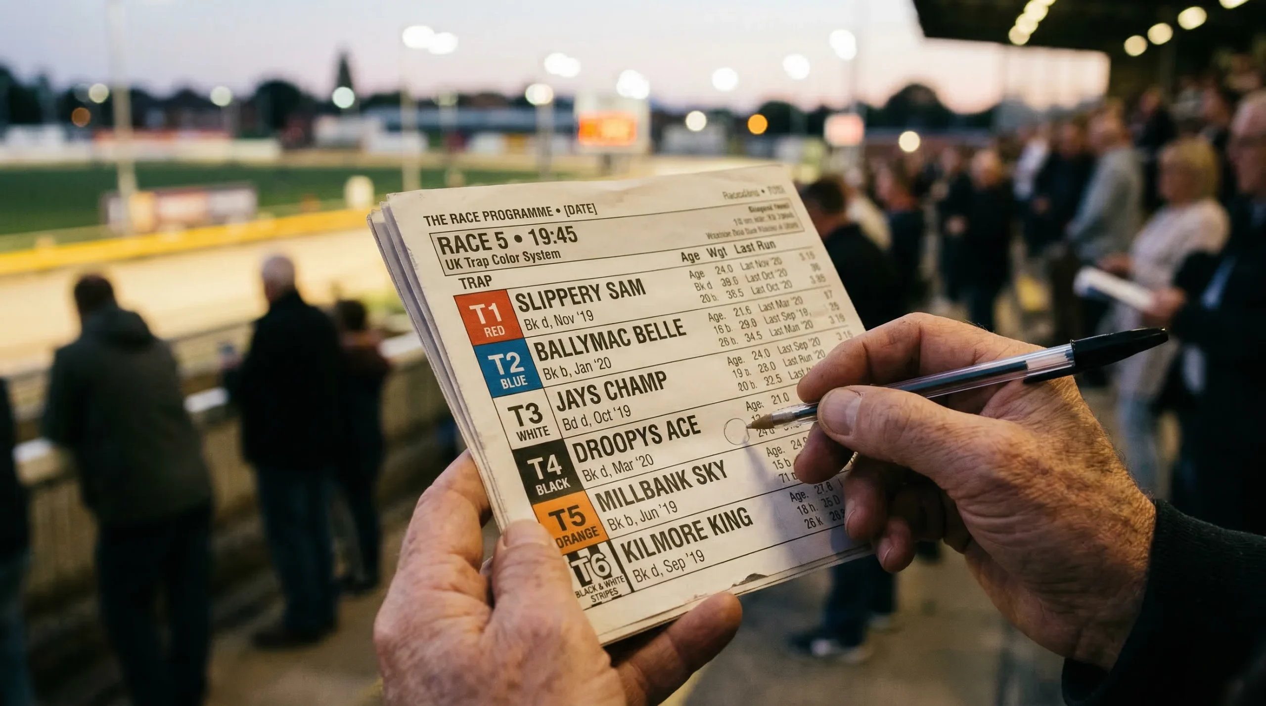 Greyhound racecard with trap colours and form figures