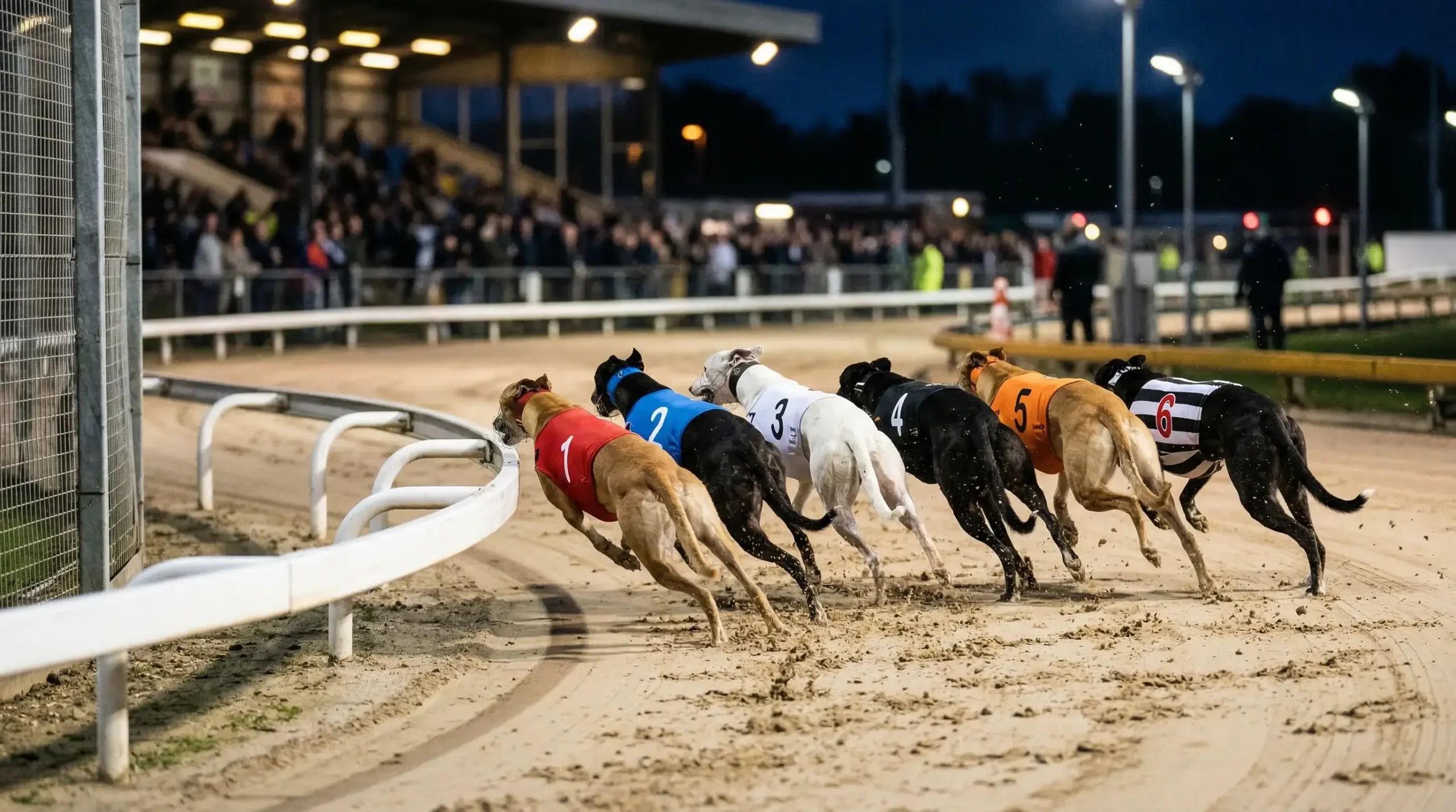 Greyhounds racing around a bend at a UK track