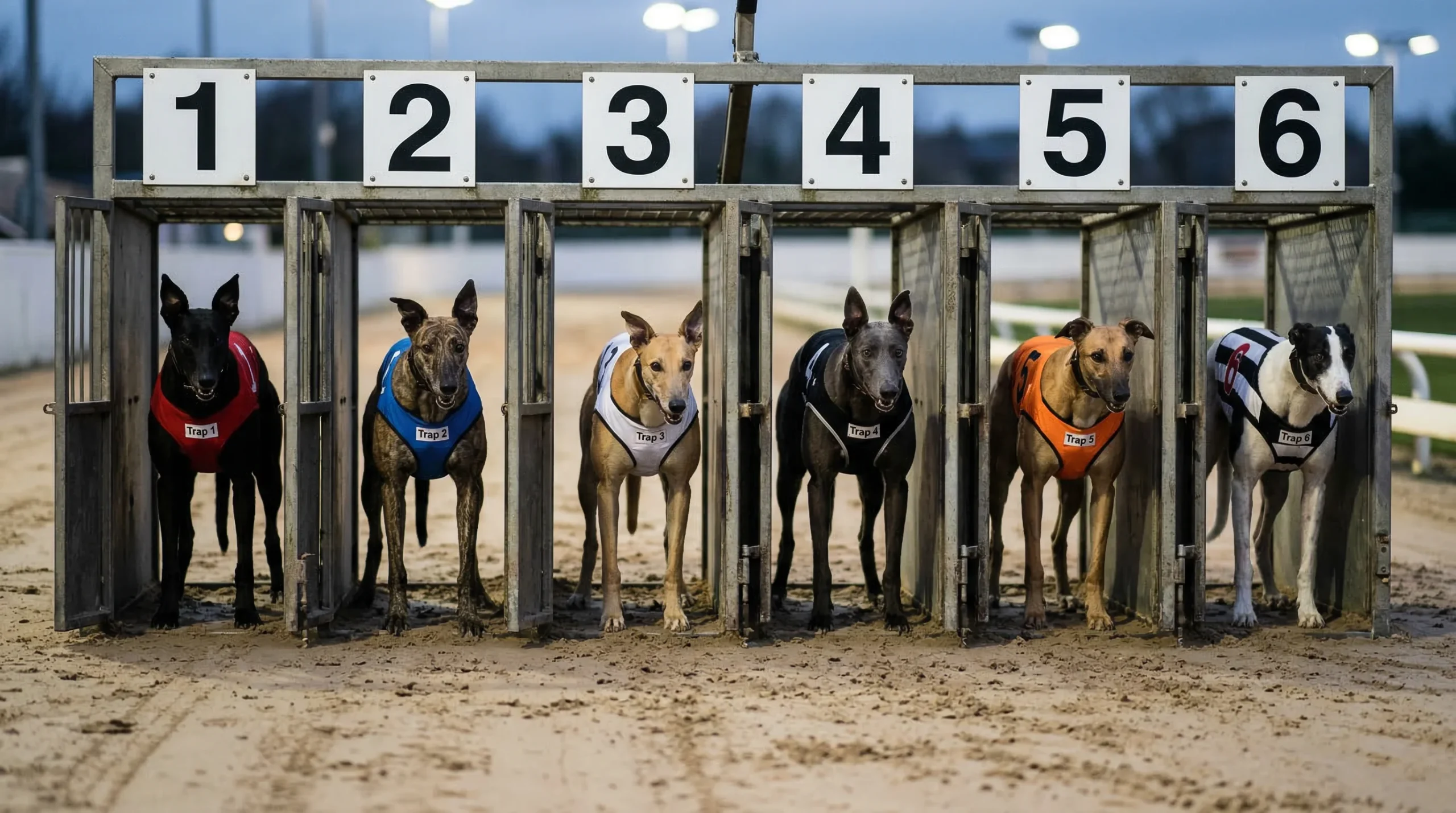 Greyhounds in numbered racing jackets at starting traps