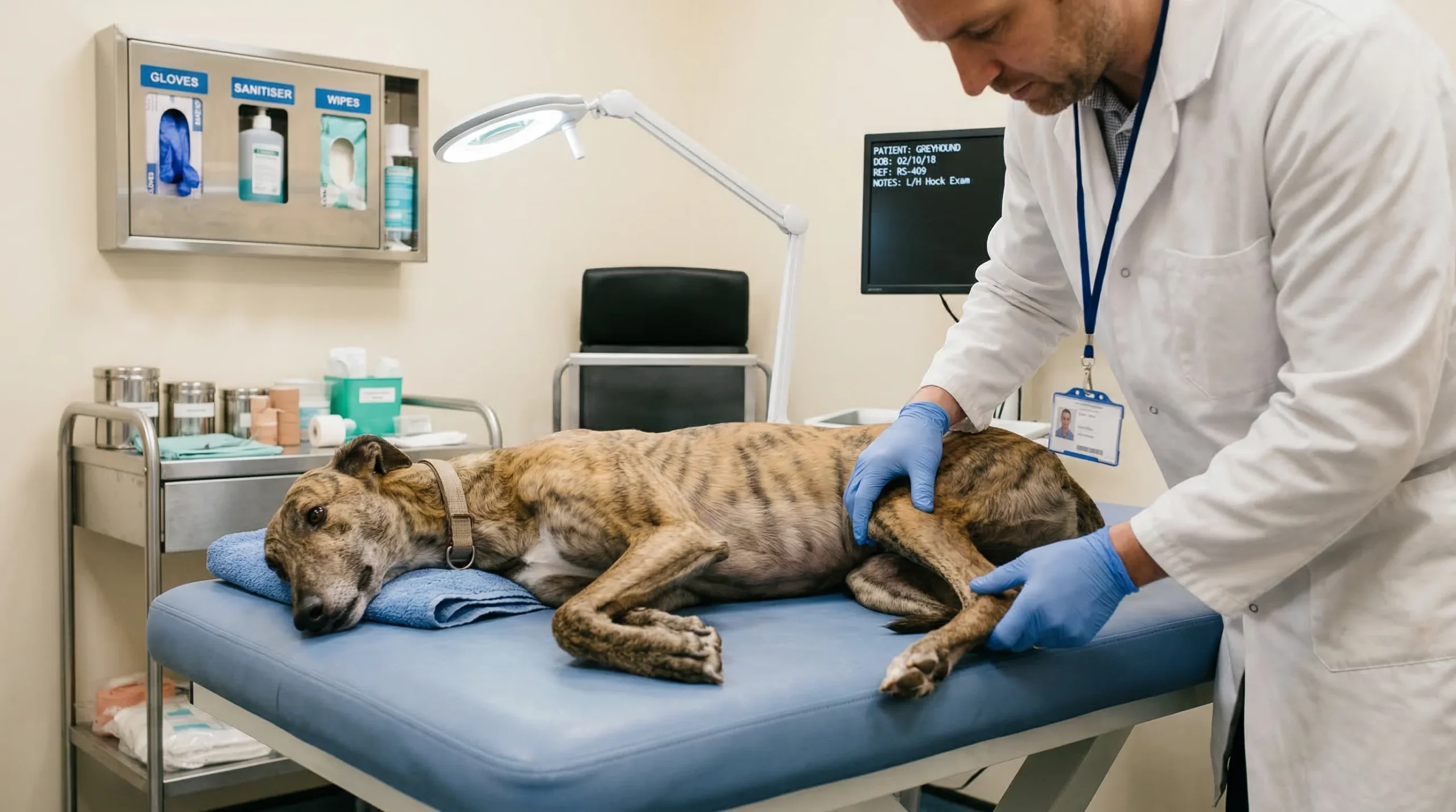 Greyhound receiving veterinary treatment after racing injury