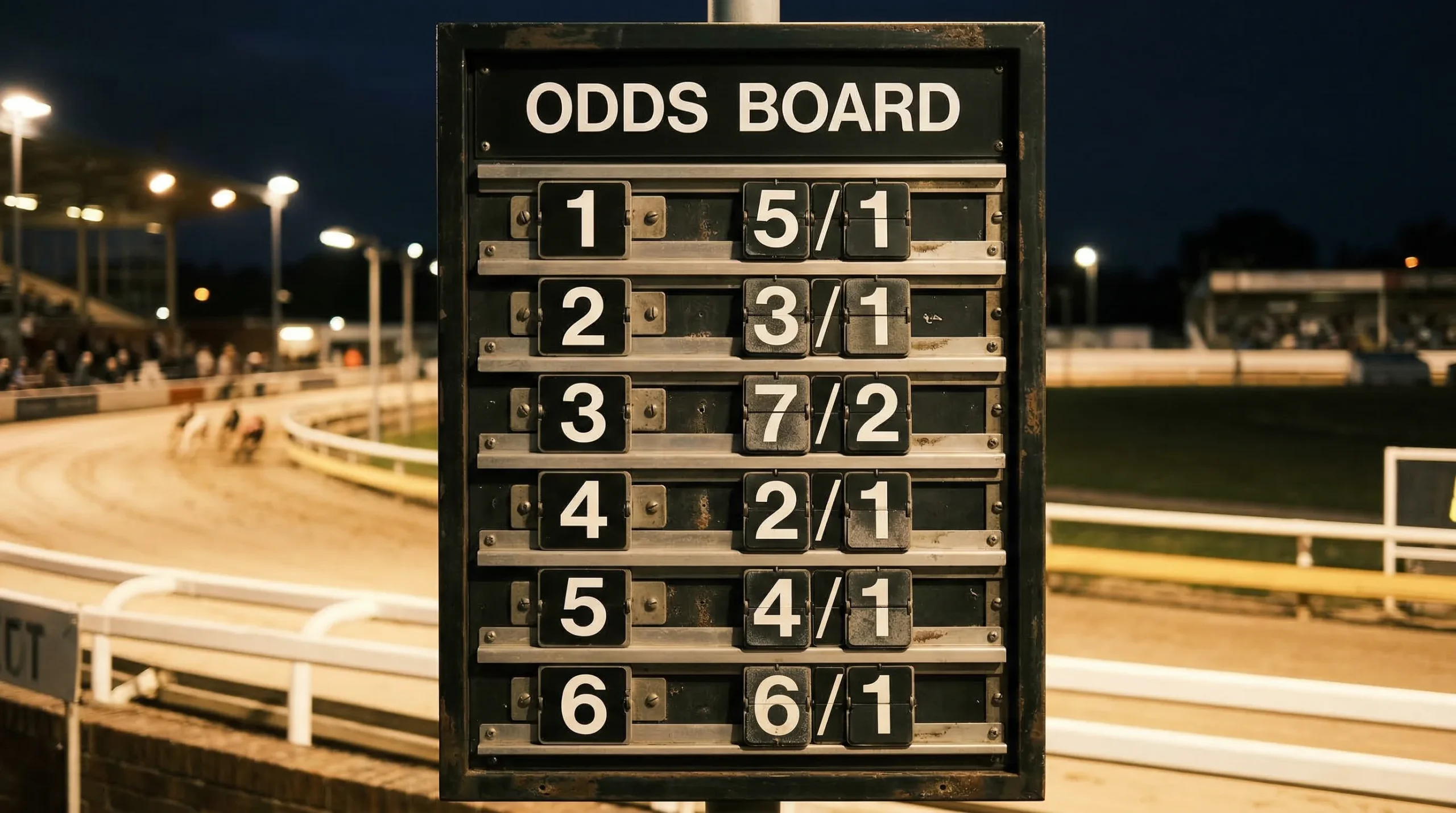 Greyhound racing odds displayed on trackside board