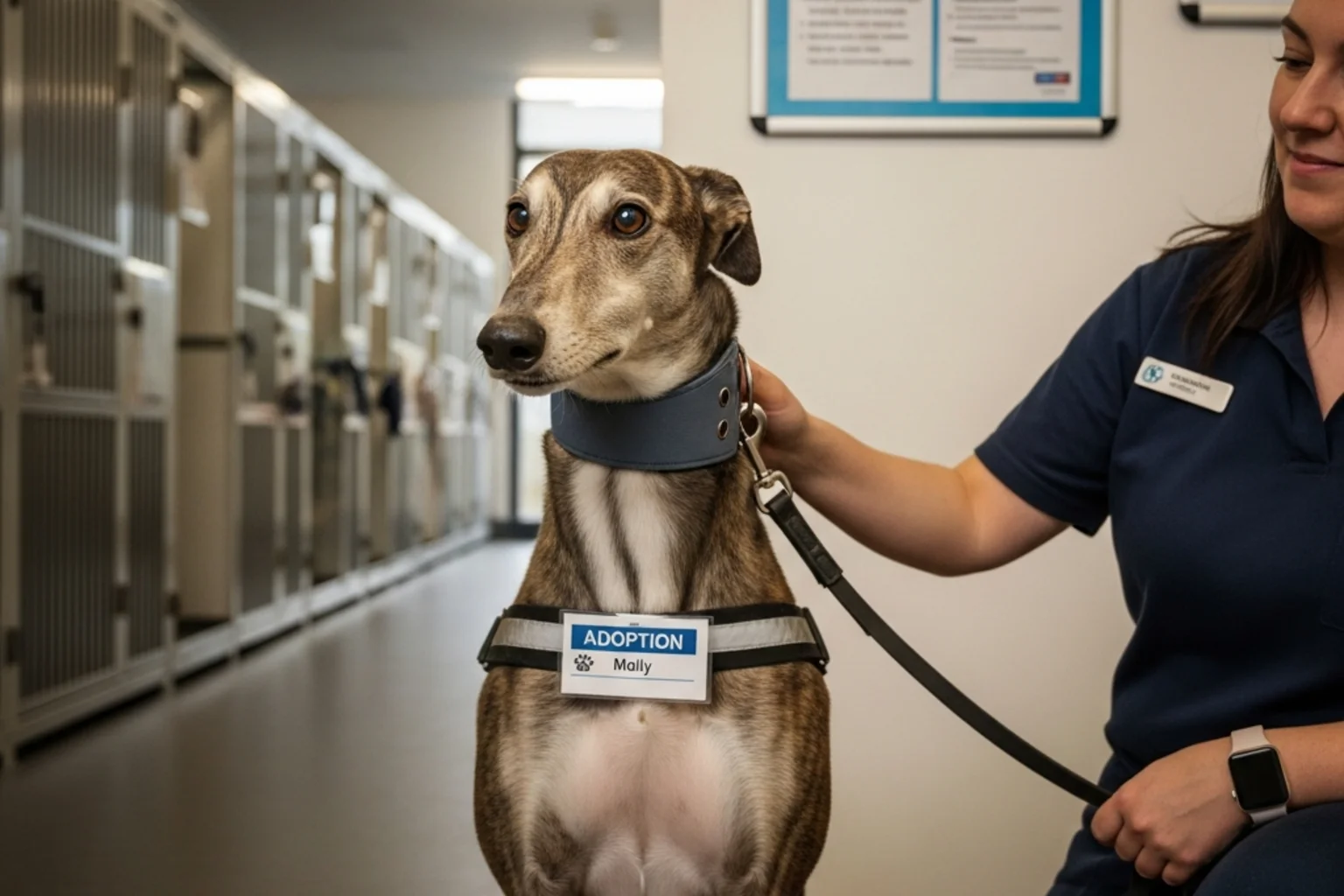 Retired racing greyhound at UK rehoming centre with volunteer