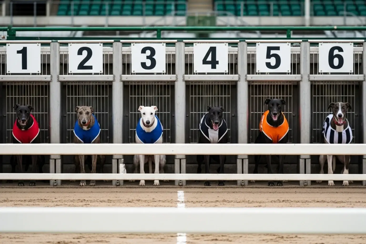 Six greyhound starting traps with numbered boxes and coloured jackets before race