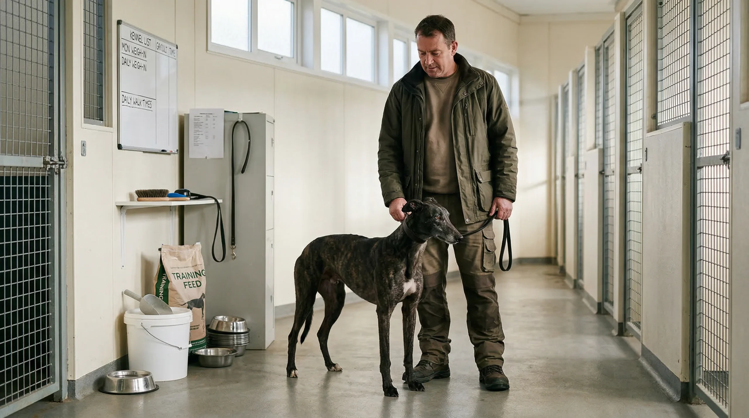 Greyhound trainer with racing dog at UK stadium kennel