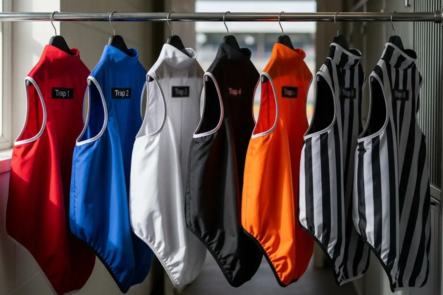 Six greyhound racing jackets in trap colours: red, blue, white, black, orange, and black-white stripes