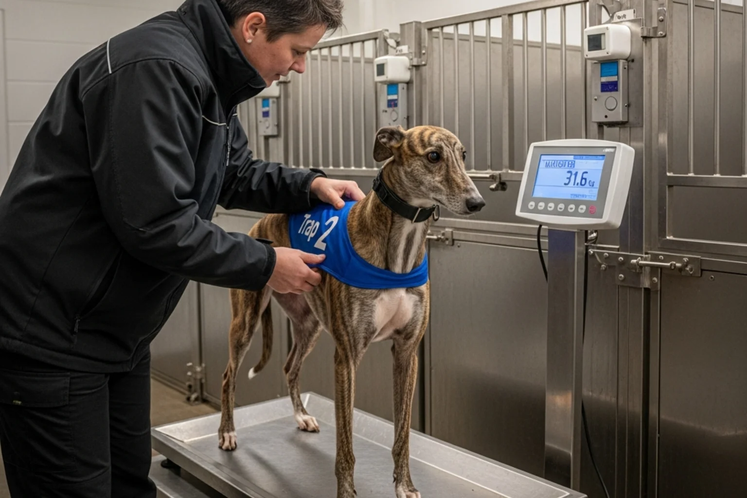Greyhound being weighed before a race at a UK track