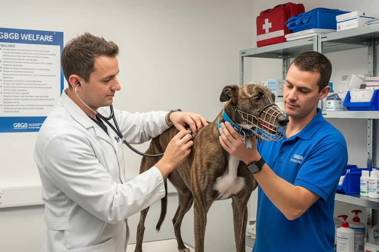 Veterinary staff examining greyhound at licensed UK track with welfare equipment