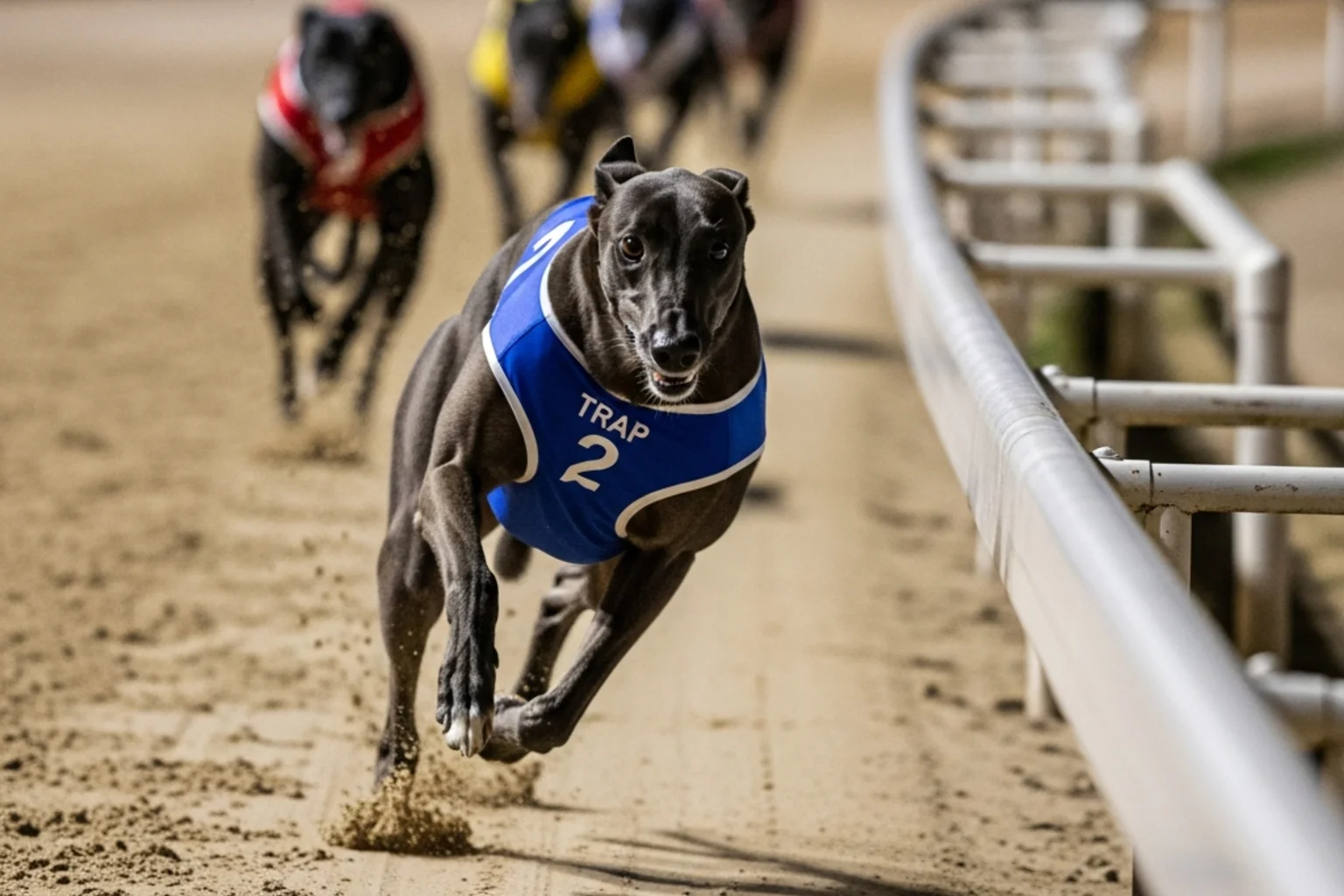 Young greyhound competing in maiden race at UK track