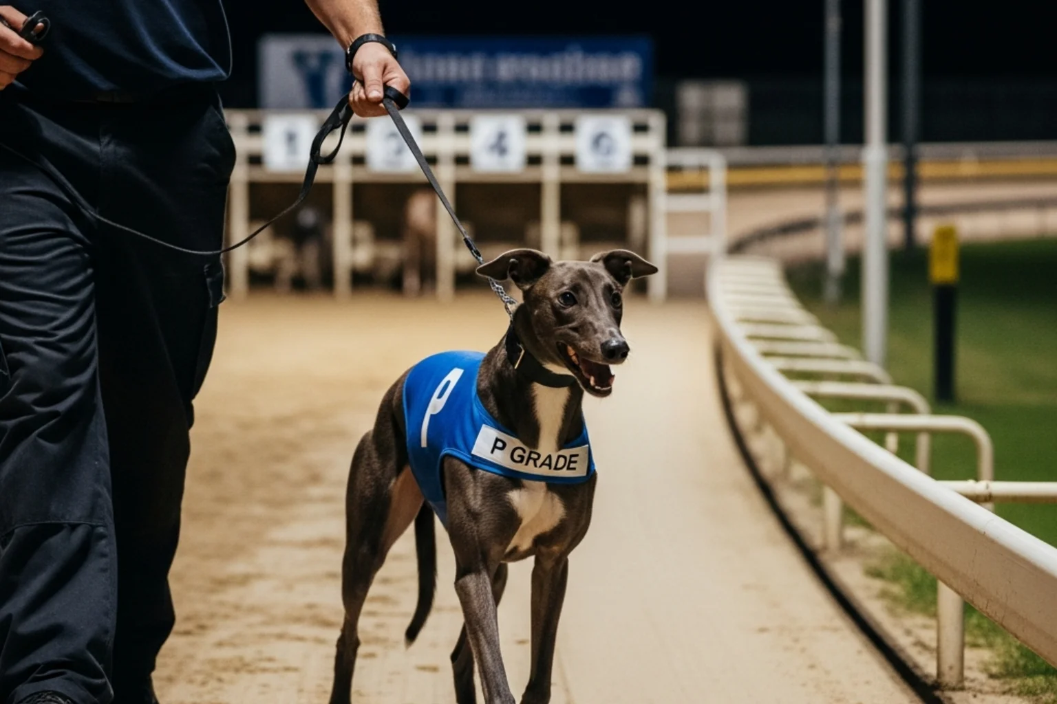Young greyhound puppy competing in P grade race