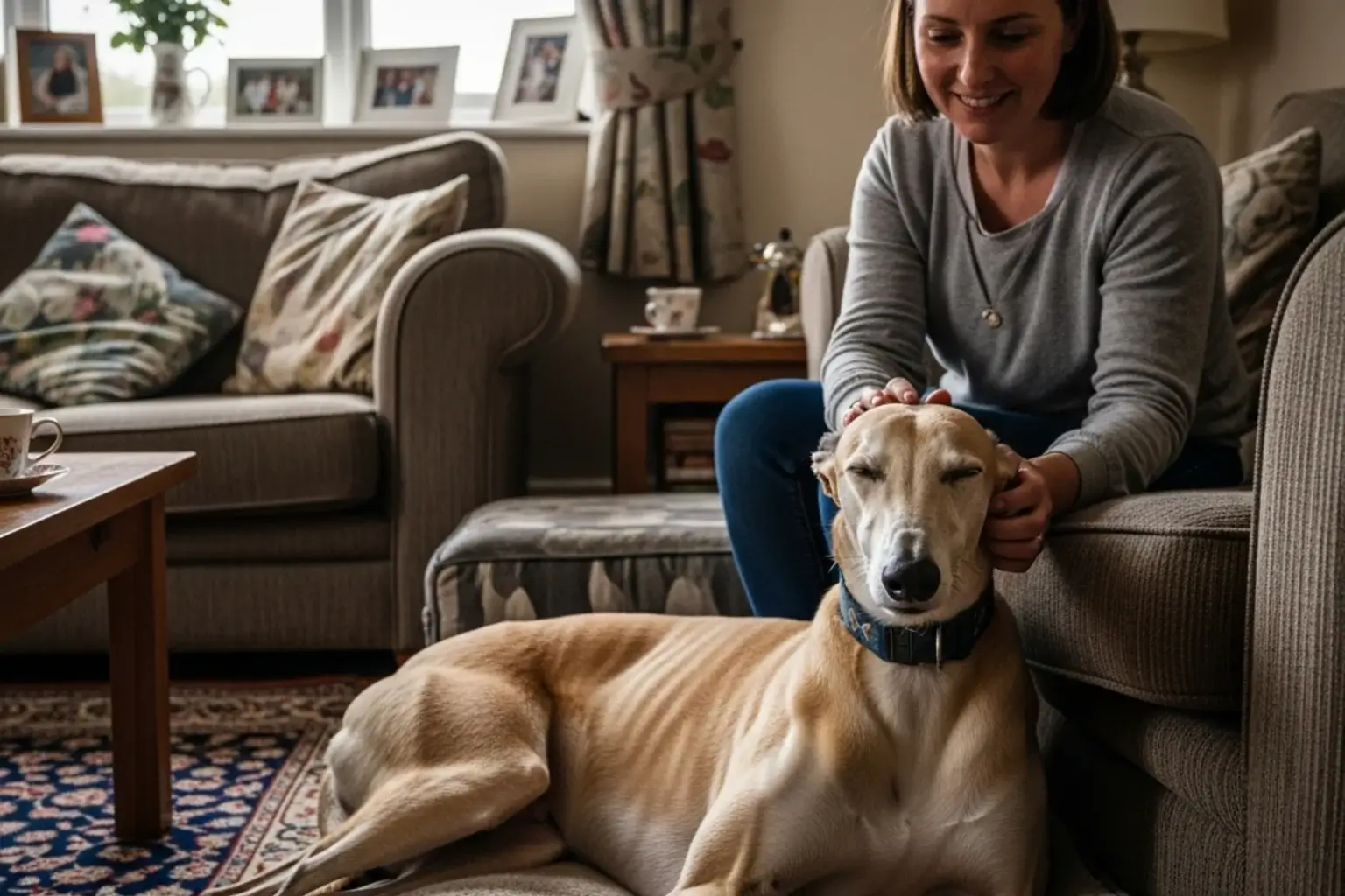 Retired racing greyhound relaxing in family home with new owners