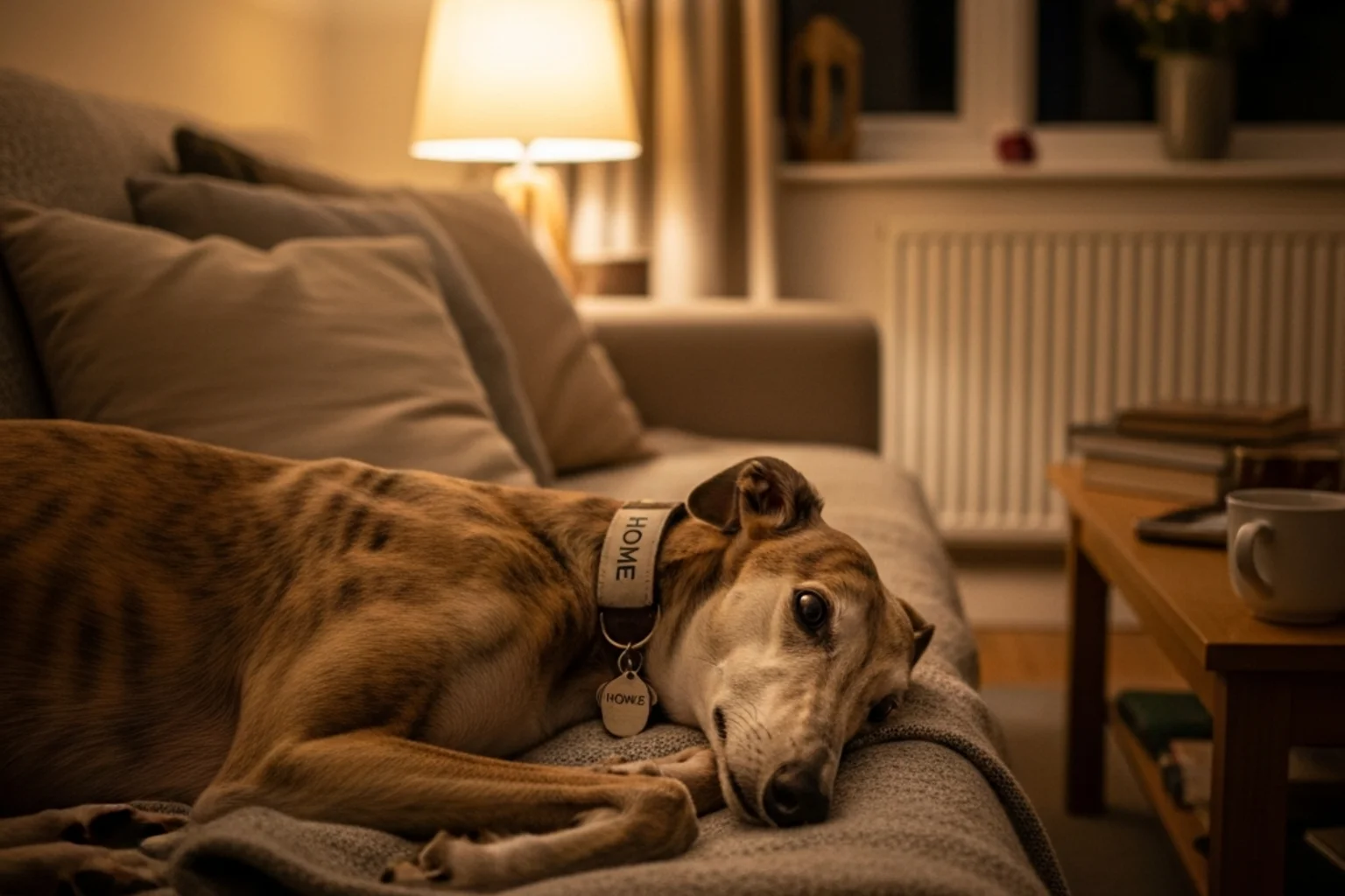 Retired greyhound resting on a sofa in family home