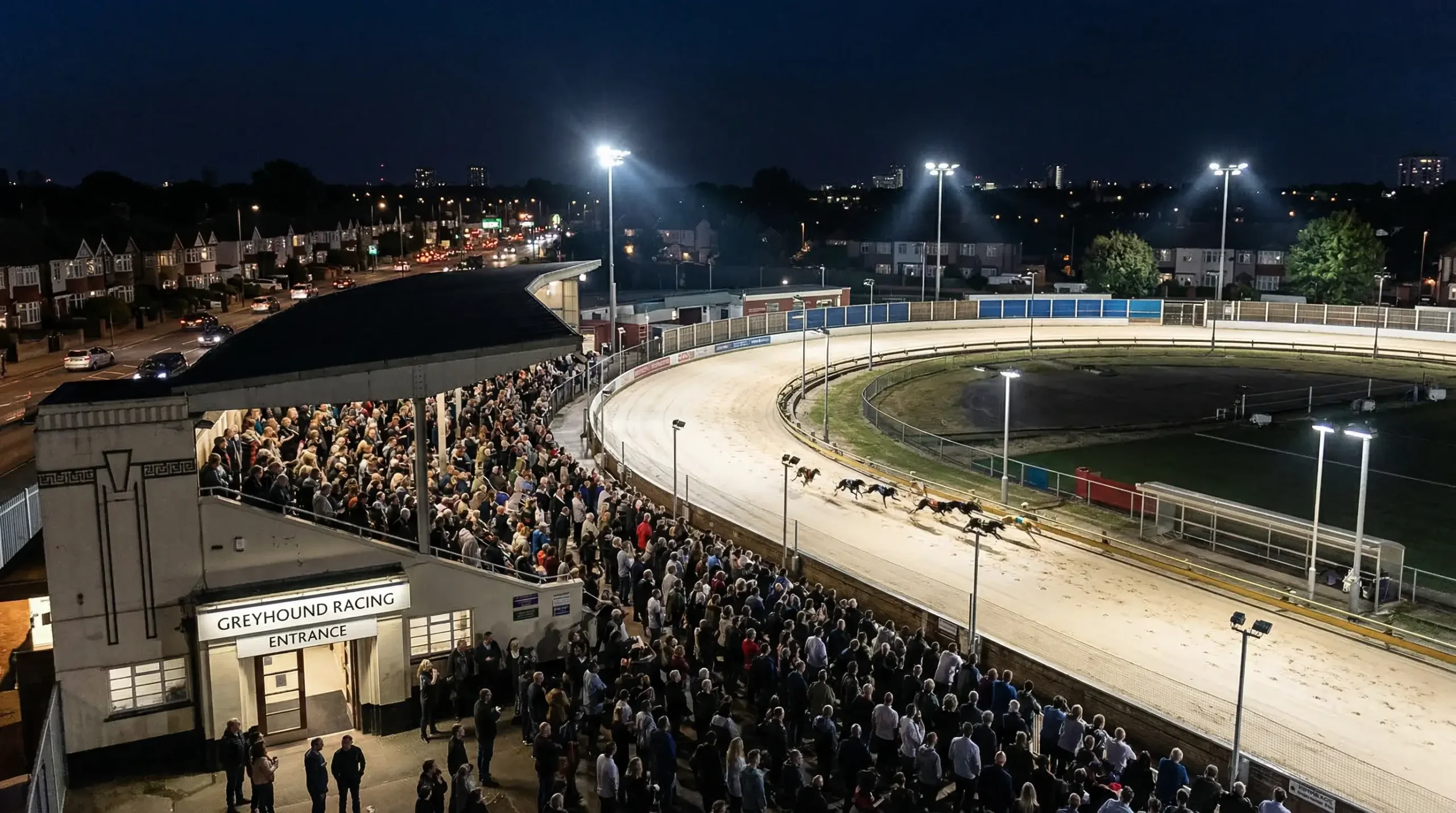 Romford Greyhound Stadium racing under floodlights in London