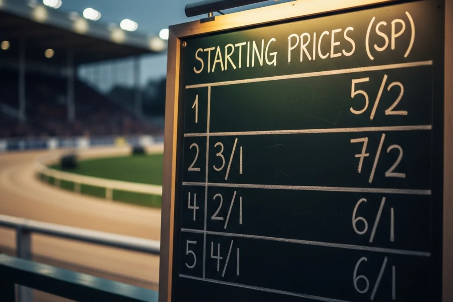 Bookmaker board showing greyhound racing odds at UK track