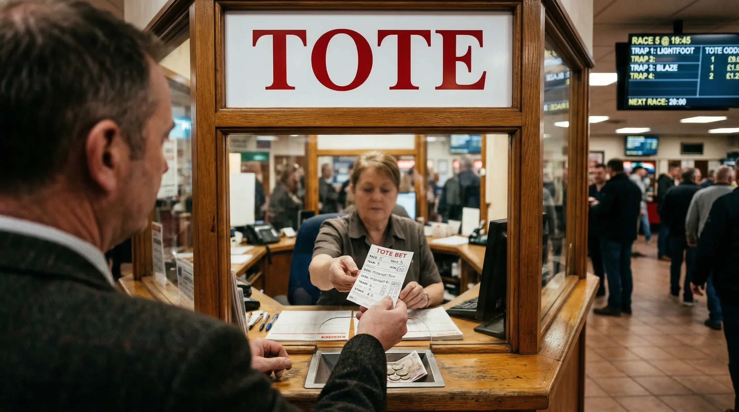 Tote betting window at a UK greyhound track