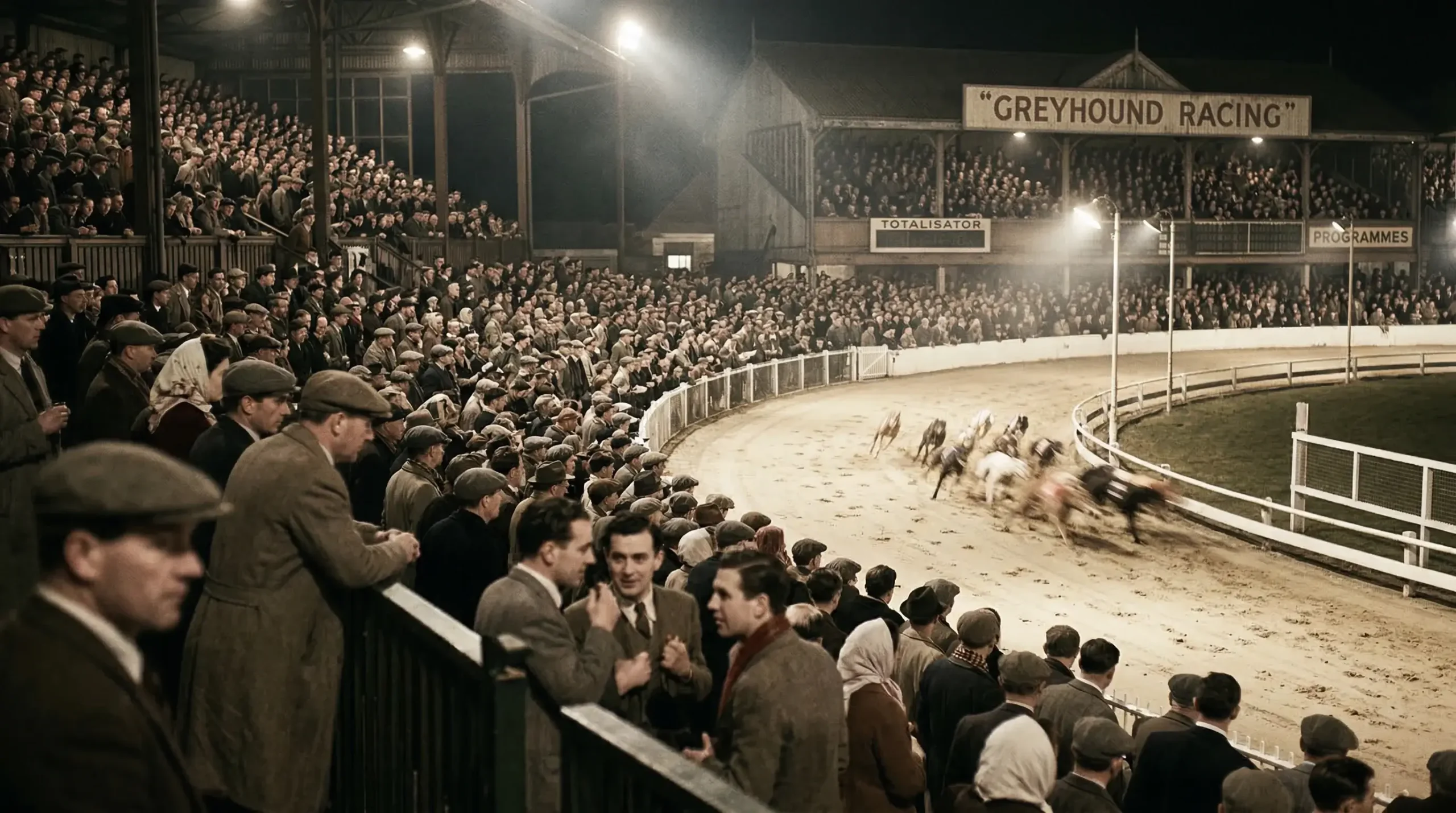 Historical British greyhound racing with crowds at stadium in vintage style
