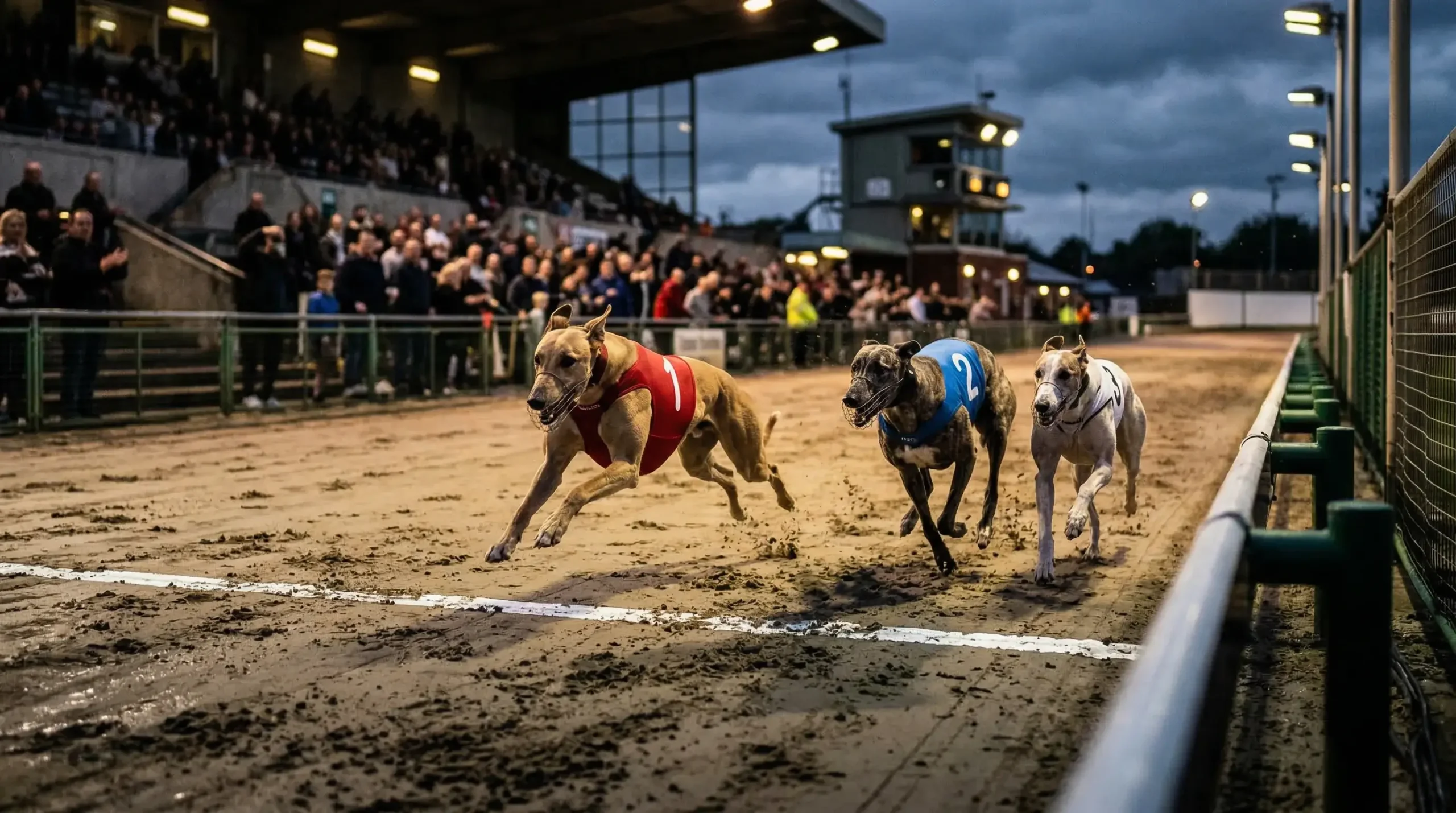 Greyhound racing finish line at UK track with dogs crossing in numbered jackets