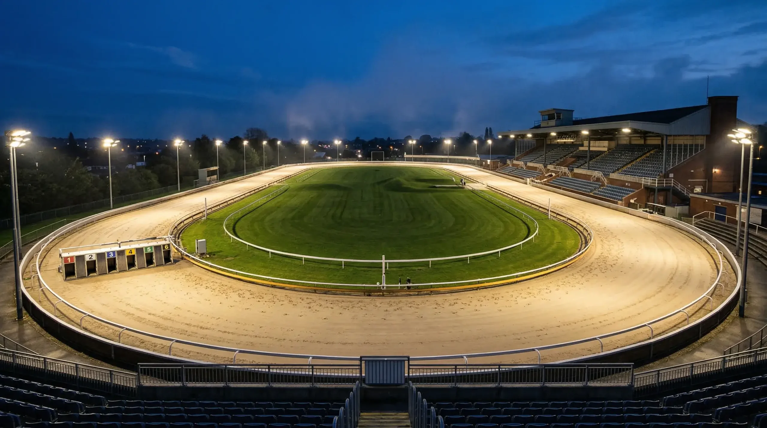 UK greyhound racing stadium with floodlit track