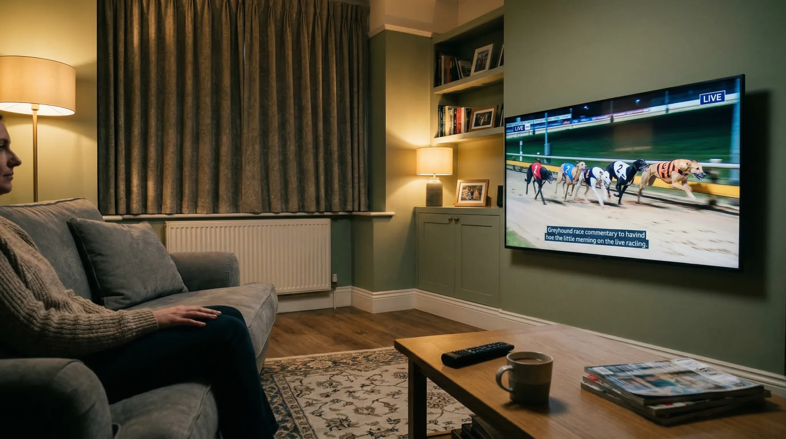 Live greyhound racing broadcast on television screen in UK